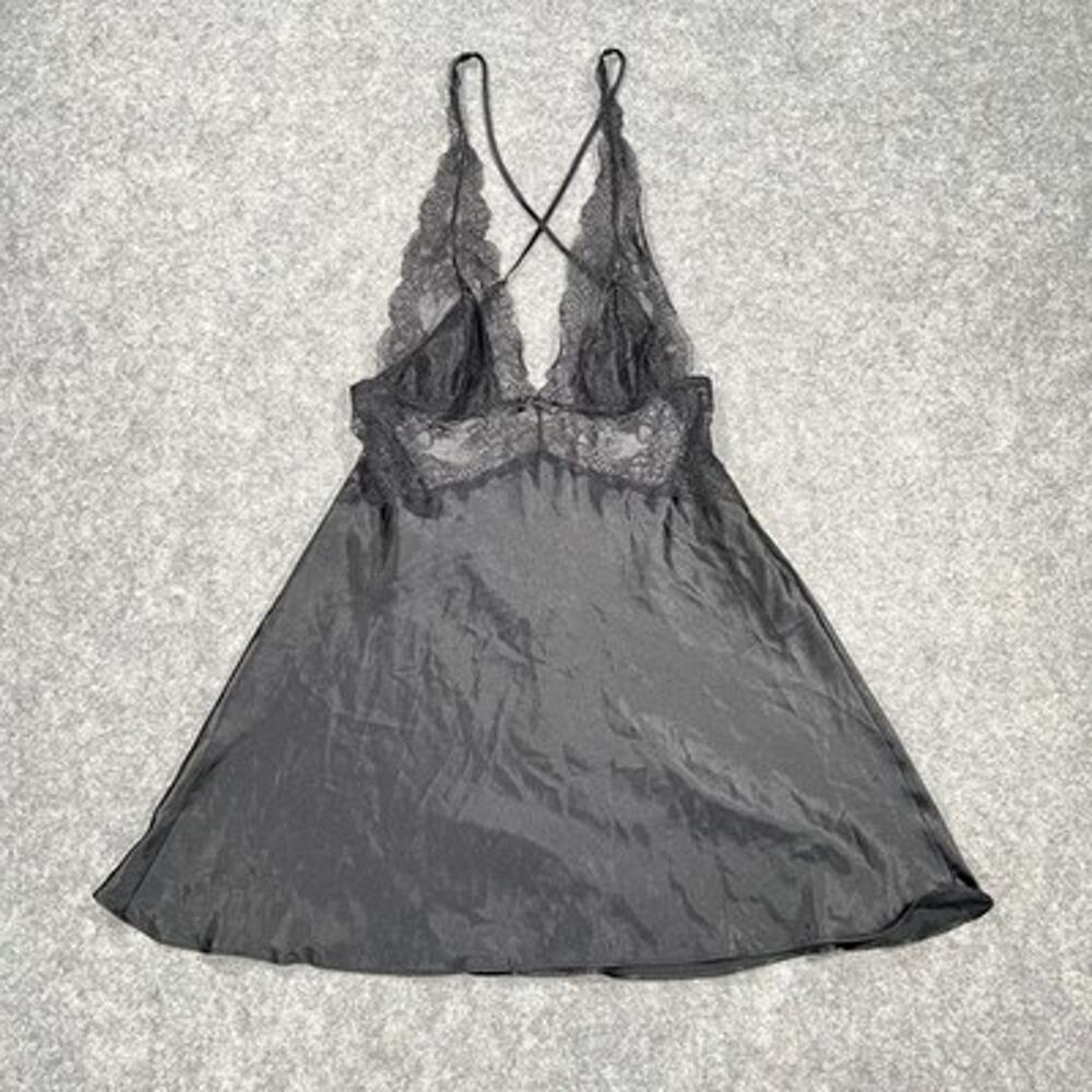 Victoria's Secret Dress Womens M Black Satin Lace Babydoll Slip Nightie